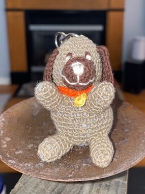 Handmade Crocheted Dog Keychain - Beige with Brown Ears